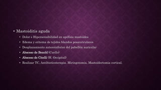 • Mastoiditis aguda
• Dolor e Hipersensibilidad en apófisis mastoides
• Edema y eritema de tejidos blandos posauriculares
• Desplazamiento anteroinferior del pabellón auricular
• Absceso de Bezold (Cuello)
• Absceso de Citelli (H. Occipital)
• Realizar TC, Antibioticoterapia. Miringotomia, Mastoidectomia cortical.
 