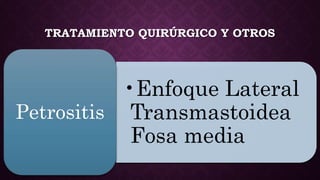 TRATAMIENTO QUIRÚRGICO Y OTROS
•Enfoque Lateral
Transmastoidea
Fosa media
Petrositis
 