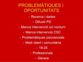 PROBLEMÀTIQUES i
OPORTUNITATS
-  Recerca i dades
-  Difusió PD
-  Manca intervenció oci nocturn
-  Manca intervenció CSC
-  Problemàtiques psicosocials
-  Medi obert i comunitària
-  18-25
-  Professionals
-  Gènere
 