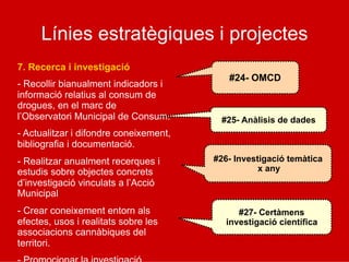 Línies estratègiques i projectes
7. Recerca i investigació
- Recollir bianualment indicadors i
informació relatius al consum de
drogues, en el marc de
l’Observatori Municipal de Consum.
- Actualitzar i difondre coneixement,
bibliografia i documentació.
- Realitzar anualment recerques i
estudis sobre objectes concrets
d’investigació vinculats a l’Acció
Municipal
- Crear coneixement entorn als
efectes, usos i realitats sobre les
associacions cannàbiques del
territori.
#24- OMCD
#25- Anàlisis de dades
#26- Investigació temàtica
x any
#27- Certàmens
investigació científica
 