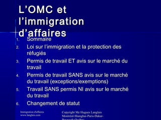 L’OMC et
l’immigration
d’affaires
Sommaire

1.
2.
3.
4.
5.
6.

Loi sur l’immigration et la protection des
réfugiés
Permis ...