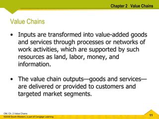 Value Chains Inputs are transformed into value-added goods and services through processes or networks of work activities, which are supported by such resources as land, labor, money, and information.  The value chain outputs — goods and services — are delivered or provided to customers and targeted market segments.  Chapter 2  Value Chains 