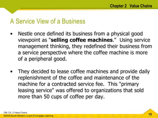 A Service View of a Business Nestle once defined its business from a physical good viewpoint as " selling coffee machines ."  Using service management thinking, they redefined their business from a service perspective where the coffee machine is more of a peripheral good.  They decided to lease coffee machines and provide daily replenishment of the coffee and maintenance of the machine for a contracted service fee.  This "primary leasing service" was offered to organizations that sold more than 50 cups of coffee per day.  Chapter 2  Value Chains 