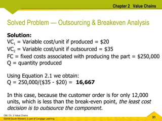 Solved Problem — Outsourcing & Breakeven Analysis Solution: VC 1  = Variable cost/unit if produced = $20 VC 2  = Variable cost/unit if outsourced = $35 FC = fixed costs associated with producing the part = $250,000 Q = quantity produced Using Equation 2.1 we obtain:  Q = 250,000/($35 - $20) =  16,667   In this case, because the customer order is for only 12,000 units, which is less than the break-even point,  the least cost decision is to outsource the component. Chapter 2  Value Chains 
