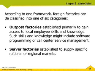 According to one framework, foreign factories can Be classified into one of six categories: Outpost factories  established primarily to gain access to local employee skills and knowledge.  Such skills and knowledge might include software programming or call center service management.  Server factories  established to supply specific national or regional markets.  Chapter 2  Value Chains 