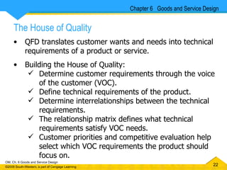 The House of Quality QFD translates customer wants and needs into technical requirements of a product or service. Building the House of Quality: Determine customer requirements through the voice of the customer (VOC). Define technical requirements of the product. Determine interrelationships between the technical requirements. The relationship matrix defines what technical requirements satisfy VOC needs. Customer priorities and competitive evaluation help select which VOC requirements the product should focus on. Chapter 6  Goods and Service Design 
