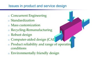Issues in product and service design
o Concurrent Engineering
o Standardization
o Mass customization
o Recycling-Remanufacturing
o Robust design
o Computer-aided design (CAD)
o Product reliability and range of operating
conditions
o Environmentally friendly design
 