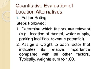 Quantitative Evaluation of
Location Alternatives
1. Factor Rating
Steps Followed:
1. Determine which factors are relevant
(e.g., location of market, water supply,
parking facilities, revenue potential).
2. Assign a weight to each factor that
indicates its relative importance
compared with all other factors.
Typically, weights sum to 1.00.
 
