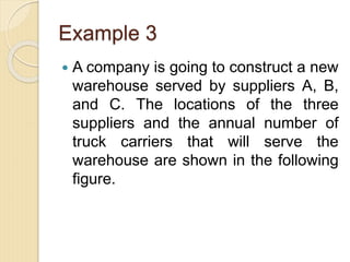 Example 3
 A company is going to construct a new
warehouse served by suppliers A, B,
and C. The locations of the three
suppliers and the annual number of
truck carriers that will serve the
warehouse are shown in the following
figure.
 