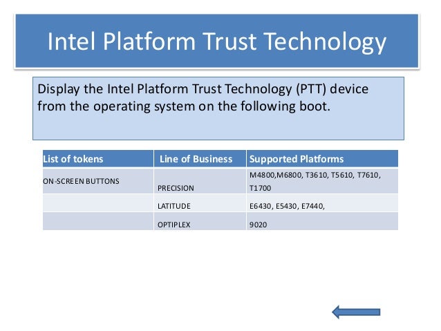 OMCI8.2.1 support for newly added bios tokens - Intel Platform Trust Technology On Or Off