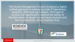 Copyright © 2015, Oracle and/or its affiliates. All rights reserved. |
The Oracle Management Cloud introduces a highly
unified approach to enterprise scale IT Operations
Analytics, APM and Log Analysis…This type of
solution can significantly improve the ability of
DevOps teams to speed up root cause analysis and
more consistently satisfy business SLAs.
65
 