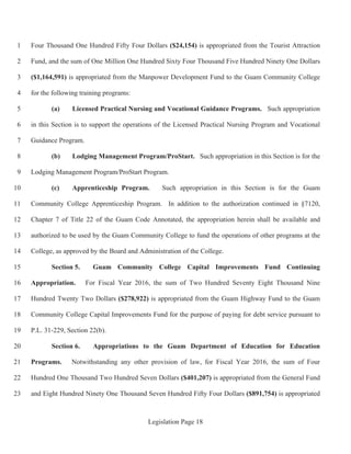 Legislation Page 18
Four Thousand One Hundred Fifty Four Dollars ($24,154) is appropriated from the Tourist Attraction1
Fund, and the sum of One Million One Hundred Sixty Four Thousand Five Hundred Ninety One Dollars2
($1,164,591) is appropriated from the Manpower Development Fund to the Guam Community College3
for the following training programs:4
(a) Licensed Practical Nursing and Vocational Guidance Programs. Such appropriation5
in this Section is to support the operations of the Licensed Practical Nursing Program and Vocational6
Guidance Program.7
(b) Lodging Management Program/ProStart. Such appropriation in this Section is for the8
Lodging Management Program/ProStart Program.9
(c) Apprenticeship Program. Such appropriation in this Section is for the Guam10
Community College Apprenticeship Program. In addition to the authorization continued in §7120,11
Chapter 7 of Title 22 of the Guam Code Annotated, the appropriation herein shall be available and12
authorized to be used by the Guam Community College to fund the operations of other programs at the13
College, as approved by the Board and Administration of the College.14
Section 5. Guam Community College Capital Improvements Fund Continuing15
Appropriation. For Fiscal Year 2016, the sum of Two Hundred Seventy Eight Thousand Nine16
Hundred Twenty Two Dollars ($278,922) is appropriated from the Guam Highway Fund to the Guam17
Community College Capital Improvements Fund for the purpose of paying for debt service pursuant to18
P.L. 31-229, Section 22(b).19
Section 6. Appropriations to the Guam Department of Education for Education20
Programs. Notwithstanding any other provision of law, for Fiscal Year 2016, the sum of Four21
Hundred One Thousand Two Hundred Seven Dollars ($401,207) is appropriated from the General Fund22
and Eight Hundred Ninety One Thousand Seven Hundred Fifty Four Dollars ($891,754) is appropriated23
 