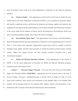 Legislation Page 19
from the Healthy Futures Fund to the Guam Department of Education for the following education1
programs:2
(a) Chamoru Studies. Such appropriation in this Section to the Chamoru Studies Division3
administered by the Guam Department of Education (GDOE) is to be expended for personnel salaries4
and benefits, contractual services, professional development and training, supplies and materials, and5
equipment for the support and the implementation of the Content Standards and Performance Indicators6
of the course syllabi for the emphasis of fluency and for the promotion of the proficiency skills in the7
areas of listening, speaking, reading, and writing in the Chamoru language.8
(b) Interscholastic Sports Fund. Such appropriation in this Section to the Interscholastic9
Sports Fund administered by the Guam Department of Education is to be expended pursuant to §7108 of10
Title 17 of the Guam Code Annotated. Appropriations made herein shall be available to fund the11
Outrigger Canoe, Rugby, and other sports programs, to include the payment of head coaches, assistant12
coaches, league fees, busing services, and other expenses normally associated with a sport13
interscholastic program.14
(c) Health and Physical Education Activities. Such Appropriation in this Section to15
GDOE is for the Guam Department of Education for Health and Physical Education programs,16
intramural sports, and similar activities.17
Section 7. Y Kuentan Salåppe’ Prinsepåt. For Fiscal Year 2016, the sum of One Million18
Eighty One Thousand Dollars ($1,081,000) is appropriated from the General Fund to the fund “Y19
Kuentan Salåppe’ Prinsepåt,” established pursuant to Section 10102 of Chapter 10, Title 17 of the20
Guam Code Annotated. Those schools with enrollments of one hundred (100) to five hundred (500)21
students will be allocated funds for five hundred (500) students. Schools with enrollments of five22
hundred one (501) or greater will be allocated funds based on actual enrollment.23
 