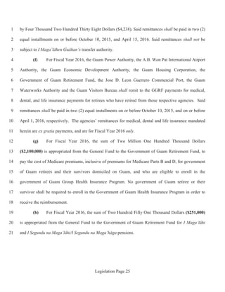 Legislation Page 25
by Four Thousand Two Hundred Thirty Eight Dollars ($4,238). Said remittances shall be paid in two (2)1
equal installments on or before October 10, 2015, and April 15, 2016. Said remittances shall not be2
subject to I Maga’låhen Guåhan’s transfer authority.3
(f) For Fiscal Year 2016, the Guam Power Authority, the A.B. Won Pat International Airport4
Authority, the Guam Economic Development Authority, the Guam Housing Corporation, the5
Government of Guam Retirement Fund, the Jose D. Leon Guerrero Commercial Port, the Guam6
Waterworks Authority and the Guam Visitors Bureau shall remit to the GGRF payments for medical,7
dental, and life insurance payments for retirees who have retired from those respective agencies. Said8
remittances shall be paid in two (2) equal installments on or before October 10, 2015, and on or before9
April 1, 2016, respectively. The agencies’ remittances for medical, dental and life insurance mandated10
herein are ex gratia payments, and are for Fiscal Year 2016 only.11
(g) For Fiscal Year 2016, the sum of Two Million One Hundred Thousand Dollars12
($2,100,000) is appropriated from the General Fund to the Government of Guam Retirement Fund, to13
pay the cost of Medicare premiums, inclusive of premiums for Medicare Parts B and D, for government14
of Guam retirees and their survivors domiciled on Guam, and who are eligible to enroll in the15
government of Guam Group Health Insurance Program. No government of Guam retiree or their16
survivor shall be required to enroll in the Government of Guam Health Insurance Program in order to17
receive the reimbursement.18
(h) For Fiscal Year 2016, the sum of Two Hundred Fifty One Thousand Dollars ($251,000)19
is appropriated from the General Fund to the Government of Guam Retirement Fund for I Maga’låhi20
and I Segundu na Maga’låhi/I Segundu na Maga’håga pensions.21
 