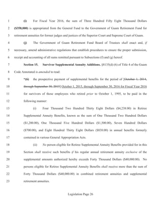 Legislation Page 26
(i) For Fiscal Year 2016, the sum of Three Hundred Fifty Eight Thousand Dollars1
($358,000) is appropriated from the General Fund to the Government of Guam Retirement Fund for2
retirement annuities for former judges and justices of the Superior Court and Supreme Court of Guam.3
(j) The Government of Guam Retirement Fund Board of Trustees shall enact and, if4
necessary, amend administrative regulations that establish procedures to ensure the proper submission,5
receipt and accounting of all sums remitted pursuant to Subsections (f) and (g) hereof.6
Section 15. Survivor Supplemental Annuity Additions. §8135(d) (6) of Title 4 of the Guam7
Code Annotated is amended to read:8
“(6) the prospective payment of supplemental benefits for the period of [October 1, 2014,9
through September 30, 2015] October 1, 2015, through September 30, 2016 for Fiscal Year 201610
for survivors of those employees who retired prior to October 1, 1995, to be paid in the11
following manner:12
(i) Four Thousand Two Hundred Thirty Eight Dollars ($4,238.00) in Retiree13
Supplemental Annuity Benefits, known as the sum of One Thousand Two Hundred Dollars14
($1,200.00), One Thousand Five Hundred Dollars ($1,500.00), Seven Hundred Dollars15
($700.00), and Eight Hundred Thirty Eight Dollars ($838.00) in annual benefits formerly16
contained in various General Appropriation Acts.17
(ii) No person eligible for Retiree Supplemental Annuity Benefits provided for in this18
Section shall receive such benefits if his regular annual retirement annuity exclusive of the19
supplemental amounts authorized hereby exceeds Forty Thousand Dollars ($40,000.00). No20
persons eligible for Retiree Supplemental Annuity Benefits shall receive more than the sum of21
Forty Thousand Dollars ($40,000.00) in combined retirement annuities and supplemental22
retirement annuities.23
 