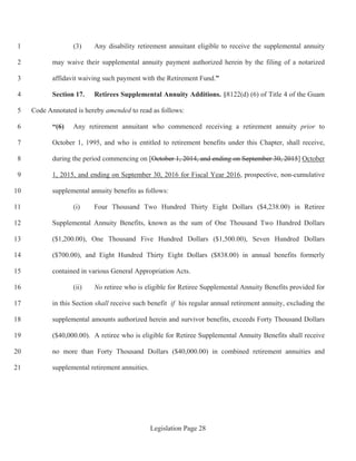Legislation Page 28
(3) Any disability retirement annuitant eligible to receive the supplemental annuity1
may waive their supplemental annuity payment authorized herein by the filing of a notarized2
affidavit waiving such payment with the Retirement Fund.”3
Section 17. Retirees Supplemental Annuity Additions. §8122(d) (6) of Title 4 of the Guam4
Code Annotated is hereby amended to read as follows:5
“(6) Any retirement annuitant who commenced receiving a retirement annuity prior to6
October 1, 1995, and who is entitled to retirement benefits under this Chapter, shall receive,7
during the period commencing on [October 1, 2014, and ending on September 30, 2015] October8
1, 2015, and ending on September 30, 2016 for Fiscal Year 2016, prospective, non-cumulative9
supplemental annuity benefits as follows:10
(i) Four Thousand Two Hundred Thirty Eight Dollars ($4,238.00) in Retiree11
Supplemental Annuity Benefits, known as the sum of One Thousand Two Hundred Dollars12
($1,200.00), One Thousand Five Hundred Dollars ($1,500.00), Seven Hundred Dollars13
($700.00), and Eight Hundred Thirty Eight Dollars ($838.00) in annual benefits formerly14
contained in various General Appropriation Acts.15
(ii) No retiree who is eligible for Retiree Supplemental Annuity Benefits provided for16
in this Section shall receive such benefit if his regular annual retirement annuity, excluding the17
supplemental amounts authorized herein and survivor benefits, exceeds Forty Thousand Dollars18
($40,000.00). A retiree who is eligible for Retiree Supplemental Annuity Benefits shall receive19
no more than Forty Thousand Dollars ($40,000.00) in combined retirement annuities and20
supplemental retirement annuities.21
 