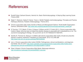 14
 Rudolf Probst, Gerhard Grevers, Heinrich Iro. Basic Otorhinolaryngology: A Step-by-Step Learning Guide.
Thieme 2006.
 Ralph F. Wetmore, Harlan R. Muntz, Trevor J. McGill. Pediatric otorhinolaryngology. Principles and Practice
Pathways (Wetmore, Pediatric Otolaryngology). Thieme 2012.
 Chronic suppurative otitis media. Burden of Illness and Management Options. World Health Organization
Geneva, Switzerland 2004. http://www.who.int/pbd/publications/Chronicsuppurativeotitis_media.pdf
 D Thornton, T P C Martin, P Amin, S Haque, S Wilson and M C F Smith (2011). Chronic suppurative otitis
media in Nepal: ethnicity does not determine whether disease is associated with cholesteatoma or not. The
Journal of Laryngology & Otology, 125, pp 22-26. doi:10.1017/S0022215110001878.
 Sandhu N, Thomson D, Stang A. In children with chronic suppurative otitis media, should one prescribe
topical or systemic antibiotics? Paediatrics & Child Health. 2012;17(7):385-386.
http://www.ncbi.nlm.nih.gov/pmc/articles/PMC3448540/
 Levi J. Chronic suppurative otitis media (CSOM): Pathogenesis, clinical manifestations, and diagnosis.
UpToDate. Dec 03, 2013. http://www.uptodate.com/contents/chronic-suppurative-otitis-media-csom-
pathogenesis-clinical-manifestations-and-diagnosis#H11720616
 Peter S Roland. Chronic Suppurative Otitis Media. Medscape reference
http://emedicine.medscape.com/article/859501-overview
References
 