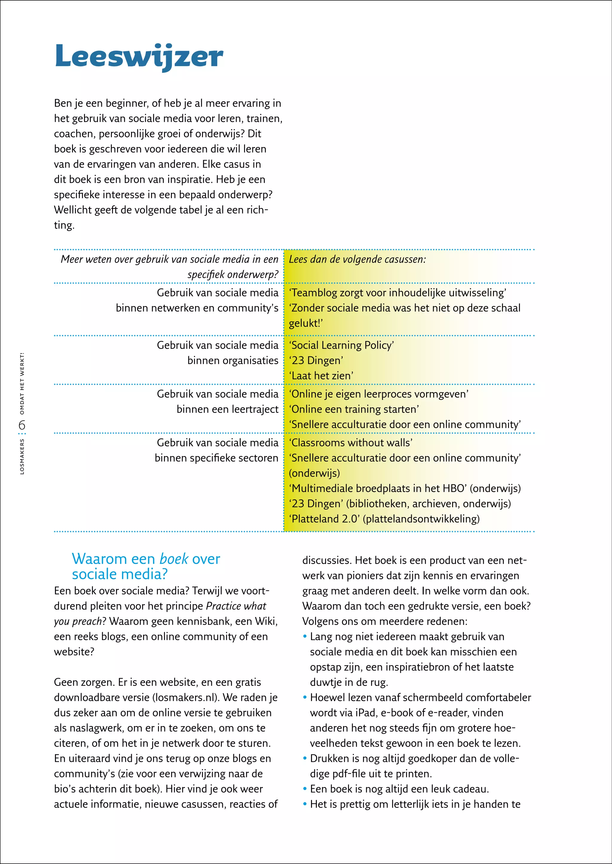 Leeswijzer
                   Ben je een beginner, of heb je al meer ervaring in
                   het gebruik van sociale media voor leren, trainen,
                   coachen, persoonlijke groei of onderwijs? Dit
                   boek is geschreven voor iedereen die wil leren
                   van de ervaringen van anderen. Elke casus in
                   dit boek is een bron van inspiratie. Heb je een
                   specifieke interesse in een bepaald onderwerp?
                   Wellicht geeft de volgende tabel je al een rich-
                   ting.


                    Meer weten over gebruik van sociale media in een Lees dan de volgende casussen:
                                               specifiek onderwerp?
                                        Gebruik van sociale media ‘Teamblog zorgt voor inhoudelijke uitwisseling’
                                binnen netwerken en community’s ‘Zonder sociale media was het niet op deze schaal
                                                                  gelukt!’

                                         Gebruik van sociale media ‘Social Learning Policy’
omdat het werkt!




                                               binnen organisaties ‘23 Dingen’
                                                                   ‘Laat het zien’
                                         Gebruik van sociale media ‘Online je eigen leerproces vormgeven’
                                            binnen een leertraject ‘Online een training starten’
  6                                                                ‘Snellere acculturatie door een online community’
                                        Gebruik van sociale media ‘Classrooms without walls’
losmakers




                                        binnen specifieke sectoren ‘Snellere acculturatie door een online community’
                                                                   (onderwijs)
                                                                   ‘Multimediale broedplaats in het HBO’ (onderwijs)
                                                                   ‘23 Dingen’ (bibliotheken, archieven, onderwijs)
                                                                   ‘Platteland 2.0’ (plattelandsontwikkeling)


                      Waarom een boek over                              discussies. Het boek is een product van een net-
                      sociale media?                                    werk van pioniers dat zijn kennis en ervaringen
                   Een boek over sociale media? Terwijl we voort-       graag met anderen deelt. In welke vorm dan ook.
                   durend pleiten voor het principe Practice what       Waarom dan toch een gedrukte versie, een boek?
                   you preach? Waarom geen kennisbank, een Wiki,        Volgens ons om meerdere redenen:
                   een reeks blogs, een online community of een         •  ang nog niet iedereen maakt gebruik van
                                                                          L
                   website?                                               sociale media en dit boek kan misschien een
                                                                          opstap zijn, een inspiratiebron of het laatste
                   Geen zorgen. Er is een website, en een gratis          duwtje in de rug.
                   downloadbare versie (losmakers.nl). We raden je      •  oewel lezen vanaf schermbeeld comfortabeler
                                                                          H
                   dus zeker aan om de online versie te gebruiken         wordt via iPad, e-book of e-reader, vinden
                   als naslagwerk, om er in te zoeken, om ons te          anderen het nog steeds fijn om grotere hoe-
                   citeren, of om het in je netwerk door te sturen.       veelheden tekst gewoon in een boek te lezen.
                   En uiteraard vind je ons terug op onze blogs en      •  rukken is nog altijd goedkoper dan de volle-
                                                                          D
                   community’s (zie voor een verwijzing naar de           dige pdf-file uit te printen.
                   bio’s achterin dit boek). Hier vind je ook weer      •  en boek is nog altijd een leuk cadeau.
                                                                          E
                   actuele informatie, nieuwe casussen, reacties of     •  et is prettig om letterlijk iets in je handen te
                                                                          H
 