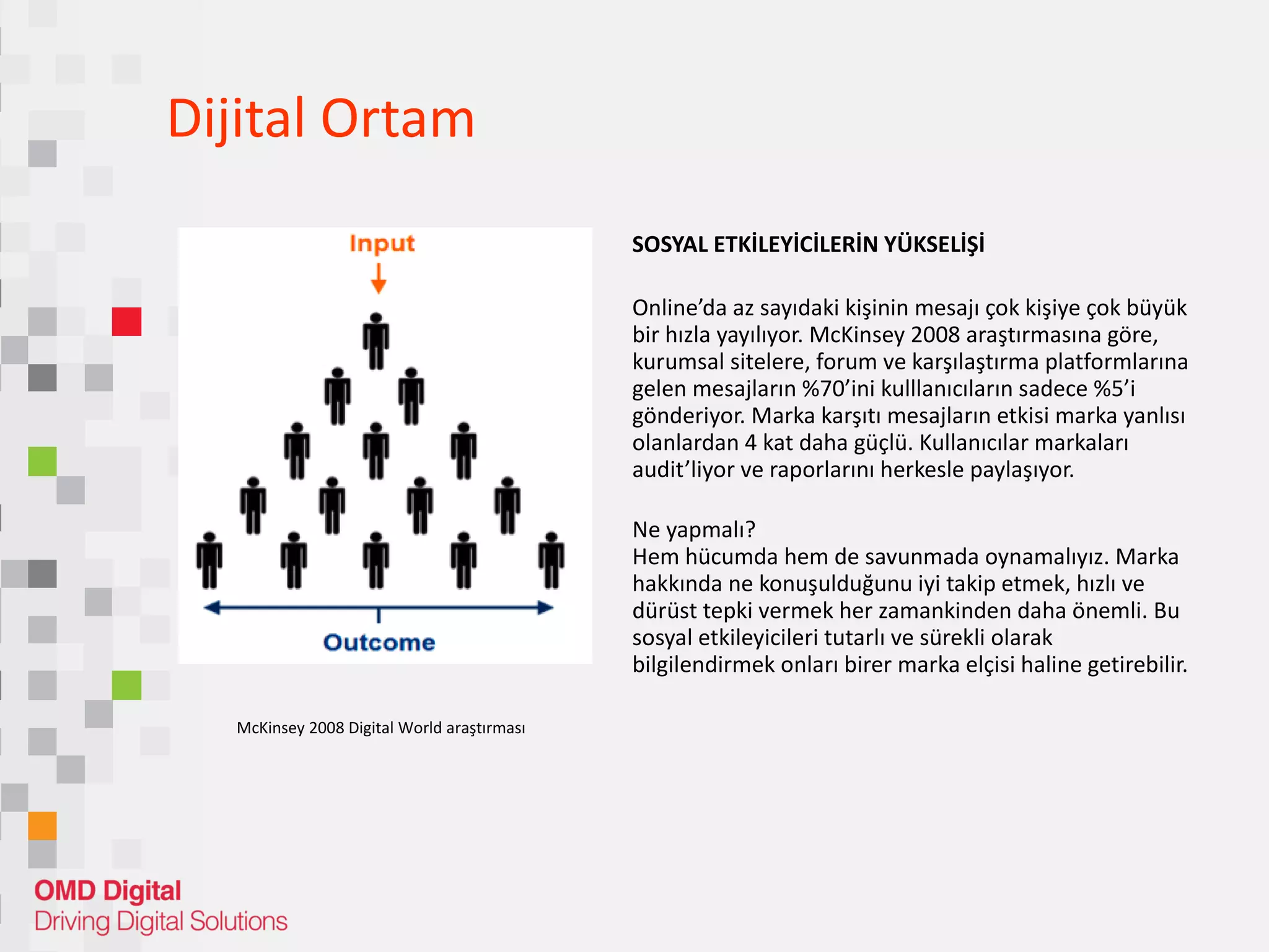 SOSYAL ETKİLEYİCİLERİN YÜKSELİŞİ Online’da az sayıdaki kişinin mesajı çok kişiye çok büyük bir hızla yayılıyor. McKinsey 2008 araştırmasına göre, kurumsal sitelere, forum ve karşılaştırma platformlarına gelen mesajların %70’ini kulllanıcıların sadece %5’i gönderiyor. Marka karşıtı mesajların etkisi marka yanlısı olanlardan 4 kat daha güçlü. Kullanıcılar markaları audit’liyor ve raporlarını herkesle paylaşıyor. Ne yapmalı? Hem hücumda hem de savunmada oynamalıyız. Marka hakkında ne konuşulduğunu iyi takip etmek, hızlı ve dürüst tepki vermek her zamankinden daha önemli. Bu sosyal etkileyicileri tutarlı ve sürekli olarak bilgilendirmek onları birer marka elçisi haline getirebilir. Dijital Ortam McKinsey 2008 Digital World araştırması 