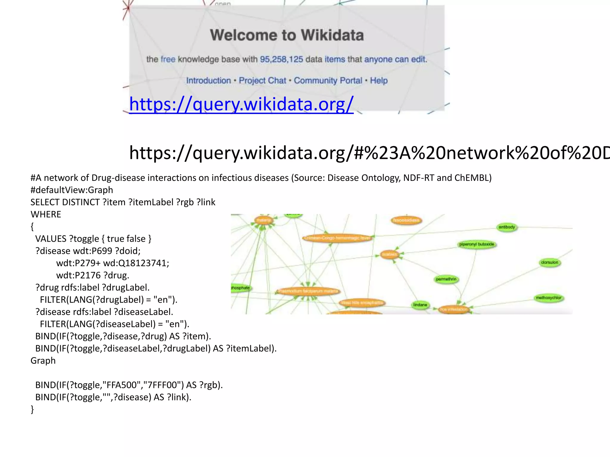 https://query.wikidata.org/
https://query.wikidata.org/#%23A%20network%20of%20D
#A network of Drug-disease interactions on infectious diseases (Source: Disease Ontology, NDF-RT and ChEMBL)
#defaultView:Graph
SELECT DISTINCT ?item ?itemLabel ?rgb ?link
WHERE
{
VALUES ?toggle { true false }
?disease wdt:P699 ?doid;
wdt:P279+ wd:Q18123741;
wdt:P2176 ?drug.
?drug rdfs:label ?drugLabel.
FILTER(LANG(?drugLabel) = "en").
?disease rdfs:label ?diseaseLabel.
FILTER(LANG(?diseaseLabel) = "en").
BIND(IF(?toggle,?disease,?drug) AS ?item).
BIND(IF(?toggle,?diseaseLabel,?drugLabel) AS ?itemLabel).
Graph
BIND(IF(?toggle,"FFA500","7FFF00") AS ?rgb).
BIND(IF(?toggle,"",?disease) AS ?link).
}
 