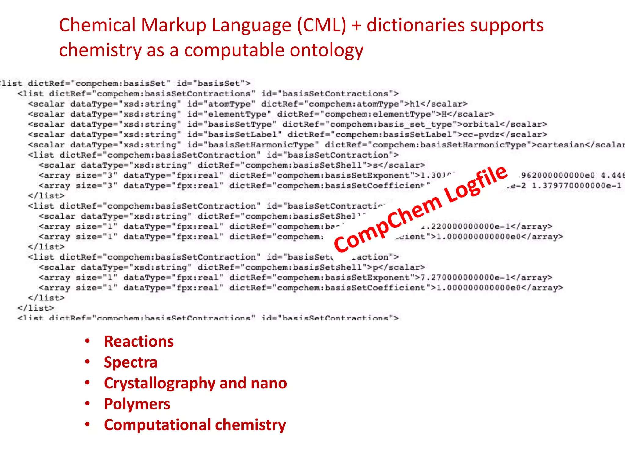 Chemical Markup Language (CML) + dictionaries supports
chemistry as a computable ontology
• Reactions
• Spectra
• Crystallography and nano
• Polymers
• Computational chemistry
 