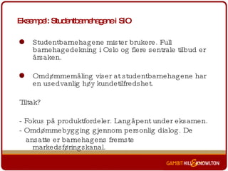 Eksempel: Studentbarnehagene i SiO Studentbarnehagene mister brukere. Full barnehagedekning i Oslo og flere sentrale tilbud er årsaken. Omdømmemåling viser at studentbarnehagene har en usedvanlig høy kundetilfredshet. Tiltak? - Fokus på produktfordeler. Langåpent under eksamen. - Omdømmebygging gjennom personlig dialog. De  ansatte er barnehagens fremste markedsføringskanal.  