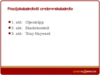 Fra oljekatastrofe til omdømmekatastrofe 1. akt:  Oljeutslipp 2. akt:  Skadekontroll 3. akt:  Tony Hayward   