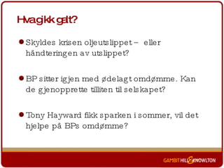 Hva gikk galt? Skyldes krisen oljeutslippet – eller håndteringen av utslippet? BP sitter igjen med ødelagt omdømme. Kan de gjenopprette tilliten til selskapet? Tony Hayward fikk sparken i sommer, vil det hjelpe på BPs omdømme? 