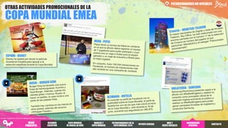 PATROCINADORESNO OFICIALES
ESPAÑA - DISNEY
Disney ha optado por lanzar la película
Aviones en España para apoyar a la
selección española durante la Copa Mundial.
.
Fuente: Insights de Omnicom Media Group en 81 mercados. Trabajo de campo: del 12 de junio al 2 de julio de 2014.
OTRAS ACTIVIDADES PROMOCIONALES DE LA
COPA MUNDIAL EMEA
RESUMEN
EJECUTIVO
COPA MUNDIAL
DE BRASILEN VIVO
PATROCINADORES DELA
COPA MUNDIAL2014
INTERÉSGENERAL
WEB Y
REDES SOCIALES
INFORMACIÓN
REGIONAL
MARCAS Y
COPA MUNDIAL
CONTACTO
MENÚ
PRINCIPAL
 