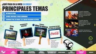 Según la clasificación de
bleacherreport.com, el gol de
Robin van Persie contra España
fue el mejor gol de la fase de
grupos de la Copa Mundial 2014.
@Cristiano es el tercer
mayor influyente del
hashtag #WorldCup
con 27.528.346
seguidores.
La afición holandesa
celebra la victoria de su
equipo en una transmisión
en vivo en la zona FIFA
Fan Fest.
La afición alemana
celebra durante una
retransmisión en la playa
de Copacabana, en Río
de Janeiro.
La afición francesa en el
estadio nacional de Brasilia.
Fuente:
EMIRATES
24/7Sports
Fuente: Insights de Omnicom Media Group en 81 mercados. Trabajo de campo: del 12 de junio al 2 de julio de 2014.
PRINCIPALES TEMAS
¿QUÉ PASA EN LA WEB EN EMEA?
1 OCTAVOS DE FINAL
2 ESPAÑA, PORTUGAL E ITALIA ELIMINADOS
3 ASAMOAH GYAN, DE GHANA, ES EL MAYOR GOLEADOR DE ÁFRICA
Francia tiene
3.318.919
aficionados locales,
lo que la convierte
en la 5ª principal
nacionalidad que
sigue la página
RESUMEN
EJECUTIVO
COPA MUNDIAL
DE BRASILEN VIVO
PATROCINADORES DELA
COPA MUNDIAL2014
INTERÉSGENERAL
WEB Y
REDES SOCIALES
INFORMACIÓN
REGIONAL
MARCAS Y
COPA MUNDIAL
CONTACTO
MENÚ
PRINCIPAL
 
