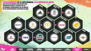 PATROCINADORES DE LA COPA MUNDIAL 2014 AMÉRICA DEL NORTE
HAZ CLIC EN LAS MARCAS PARA OBTENER MÁS
INFORMACIÓN SOBRE EL PROGRESO DE LAS
ACTIVIDADES PROMOCIONALES DE LAS MARCAS
DE LOS PATROCINADORES ESPECÍFICAS DE EMEA.
RESUMEN
EJECUTIVO
COPA MUNDIAL
DE BRASILEN VIVO
PATROCINADORES DELA
COPA MUNDIAL2014
INTERÉSGENERAL
WEB Y
REDES SOCIALES
INFORMACIÓN
REGIONAL
MARCAS Y
COPA MUNDIAL
CONTACTO
MENÚ
PRINCIPAL
 