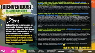 ¡BIENVENIDOS!
RESUMEN EJECUTIVO
LA COPA MUNDIAL HASTA EL MOMENTO
MENÚ
PRINCIPAL
RESUMEN
EJECUTIVO
COPA MUNDIAL
DE BRASILEN VIVO
PATROCINADORES DELA
COPA MUNDIAL2014
INTERÉSGENERAL
WEB Y
REDES SOCIALES
INFORMACIÓN
REGIONAL
MARCAS Y
COPA MUNDIAL
CONTACTO
Durante la fase de grupos de la Copa Mundial 2014, se han batido los récords de audiencia
televisiva en todo el mundo, por lo que se prevé superar los 3.200 millones de espectadores de
la Copa Mundial 2010 de Sudáfrica.
La Copa Mundial de la FIFA 2014 avanza rápidamente y reúne a todos los aficionados al fútbol, que viven conjuntamente las
emociones, controversias y celebraciones de este evento deportivo mundial. A medida que se desarrollaba, los aficionados han
estado pendientes de sus televisores para vivir «en directo» toda la emoción del terreno de juego. Como resultado, se han
batido récords de audiencia televisiva en varios países, incluyendo: EE. UU., Brasil, Francia, Países Bajos, Alemania, Italia,
Reino Unido, España y Japón.
Durante la fase de grupos de la Copa Mundial, se han registrado 815 millones de interacciones
en Facebook y 300 millones de tweets por parte de 200 millones de personas.
Como ya predijo Omnicom Media Group, la Copa Mundial de la FIFA 2014 ha demostrado ser el mayor fenómeno social y
móvil de carácter deportivo de todo el mundo: Facebook y Twitter han batido récords durante los partidos de la fase de grupos.
Visto que los aficionados se conectan permanentemente a las redes sociales para vivir la Copa Mundial e «interactuar» con
ella, también las marcas aprovechan esta oportunidad para atraer la atención de una audiencia multitudinaria. Las redes
sociales han permitido a las marcas interactuar con sus diversos sectores de público objetivo y atraer su atención de manera
específica y diferenciada. Además, las redes sociales han hecho posible que las marcas aprovechasen los momentos clave del
evento, como el incidente ocurrido con Suárez, reaccionando instantáneamente y cobrando el máximo relieve posible frente a
los aficionados. No obstante, las marcas que deciden participar en las redes sociales no deben olvidarse de que su audiencia
es global, por lo que es importante cuidar de los diversos matices locales incluso si su campaña se dirige a un sector
específico.
Hasta ahora, los aficionados al fútbol han visto más de 1.200 millones de minutos de anuncios en
YouTube relacionados con la Copa Mundial.
Aunque la televisión continúa siendo el principal medio por el que los aficionados al fútbol siguen la Copa Mundial, ya no es la
única vía de la que disponen las marcas para interactuar con ellos. En general, la Copa Mundial 2014 ha supuesto un desafío
para los patrocinadores, que se han visto obligados a buscar otras formas más interactivas de atraer a los aficionados, además
de sus estrategias publicitarias convencionales. Hemos observado un gran número de distintos enfoques por los que las
marcas están intentado llamar la atención a lo largo de la Copa Mundial. Estos enfoques incluyen, entre otros, futbolistas que
actúan como embajadores de la marca, nuevas plataformas digitales, cuentas de redes sociales y contenidos multimedia
dinámicos. Los patrocinadores no oficiales, menos sujetos a reglas, están intentando aprovechar nuevos canales de
comercialización con el fin de aumentar la presencia de su marca a propósito de la Copa Mundial.
Para captar los progresos realizados durante la Copa Mundial, hemos combinados distintos métodos. Para obtener más
información acerca de la metodología empleada, pulsa aquí.
¡QUE DISFRUTÉIS DEL INFORME!
La Copa Mundial ya ha recorridoun
gran trecho. Ha habido numerosas
sorpresas, pero no cabe duda de que
la fiebre de la Copa Mundial se ha
contagiado por todo el mundo.
Si bien la Copa Mundial de la FIFA 2014 es el
mayor fenómeno social y móvil de carácter
deportivo registrado hasta la fecha en todo el
mundo, lo cierto es que la televisión continúa
siendo la pantalla por excelencia.
 