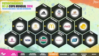 PATROCINADORES
DE LA COPA MUNDIAL 2014
PULSA EN CADA MARCA PARA MÁS INFORMACIÓN
RESUMEN
EJECUTIVO
COPA MUNDIAL
DE BRASILEN VIVO
PATROCINADORES DELA
COPA MUNDIAL2014
INTERÉSGENERAL
WEB Y
REDES SOCIALES
INFORMACIÓN
REGIONAL
MARCAS Y
COPA MUNDIAL
CONTACTO
MENÚ
PRINCIPAL
 