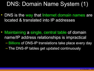 >> 0 >> 1 >> 2 >> 3 >> 4 >>
DNS: Domain Name System (1)
• DNS is the way that Internet domain names are
located & translated into IP addresses
• Maintaining a single, central table of domain
name/IP address relationships is impractical
– Billions of DNS-IP translations take place every day
– The DNS-IP tables get updated continuously
 