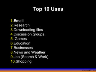 >> 0 >> 1 >> 2 >> 3 >> 4 >>
Top 10 Uses
1.Email
2.Research
3.Downloading files
4.Discussion groups
5. Games
6.Education
7.Businesses
8.News and Weather
9.Job (Search & Work)
10.Shopping
 