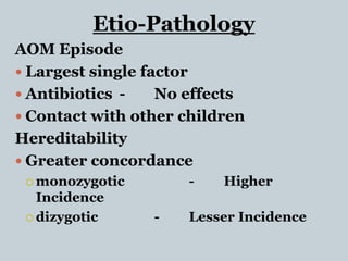 Etio-Pathology
AOM Episode
 Largest single factor
 Antibiotics - No effects
 Contact with other children
Hereditability
 Greater concordance
 monozygotic - Higher
Incidence
 dizygotic - Lesser Incidence
 