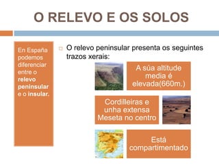O RELEVO E OS SOLOS

En España         O relevo peninsular presenta os seguintes
podemos            trazos xerais:
diferenciar
entre o
                                       A súa altitude
relevo
                                          media é
peninsular                            elevada(660m.)
e o insular.
                             Cordilleiras e
                             unha extensa
                            Meseta no centro

                                          Está
                                     compartimentado
 