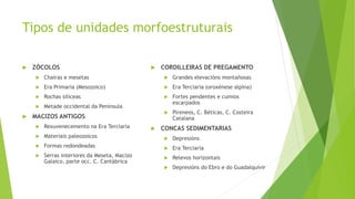 Tipos de unidades morfoestruturais
 ZÓCOLOS
 Chairas e mesetas
 Era Primaria (Mesozoico)
 Rochas silíceas
 Metade occidental da Península
 MACIZOS ANTIGOS
 Rexuvenecemento na Era Terciaria
 Materiais paleozoicos
 Formas redondeadas
 Serras interiores da Meseta, Macizo
Galaico, parte occ. C. Cantábrica
 CORDILLEIRAS DE PREGAMENTO
 Grandes elevacións montañosas
 Era Terciaria (oroxénese alpina)
 Fortes pendentes e cumios
escarpados
 Pireneos, C. Béticas, C. Costeira
Catalana
 CONCAS SEDIMENTARIAS
 Depresións
 Era Terciaria
 Relevos horizontais
 Depresións do Ebro e do Guadalquivir
 