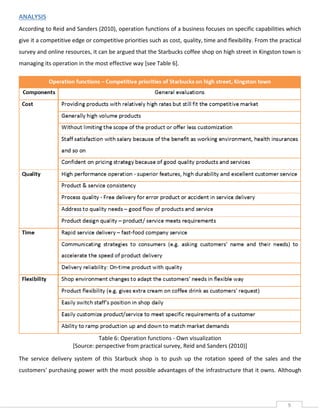 ANALYSIS
According to Reid and Sanders (2010), operation functions of a business focuses on specific capabilities which
give it a competitive edge or competitive priorities such as cost, quality, time and flexibility. From the practical
survey and online resources, it can be argued that the Starbucks coffee shop on high street in Kingston town is
managing its operation in the most effective way [see Table 6].

Table 6: Operation functions - Own visualization
[Source: perspective from practical survey, Reid and Sanders (2010)]
The service delivery system of this Starbuck shop is to push up the rotation speed of the sales and the
customers' purchasing power with the most possible advantages of the infrastructure that it owns. Although

9

 