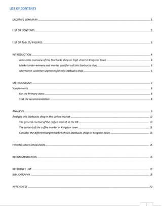 LIST OF CONTENTS
EXCUTIVE SUMMARY .......................................................................................................................................................... 1

LIST OF CONTENTS .............................................................................................................................................................. 2

LIST OF TABLES/ FIGURES.................................................................................................................................................... 3

INTRODUCTION ................................................................................................................................................................... 4
A business overview of the Starbucks shop on high street in Kingston town ............................................................ 4
Market order-winners and market qualifiers of this Starbucks shop......................................................................... 6
Alternative customer segments for this Starbucks shop ............................................................................................ 6

METHODOLOGY .................................................................................................................................................................. 7
Supplements ....................................................................................................................................................................... 8
For the Primary-data:................................................................................................................................................. 8
Test the recommendation: ......................................................................................................................................... 8

ANALYSIS ............................................................................................................................................................................. 9
Analysis this Starbucks shop in the coffee market ........................................................................................................... 10
The general context of the coffee market in the UK ................................................................................................ 10
The context of the coffee market in Kingston town ................................................................................................. 11
Consider the different target market of two Starbucks shops in Kingston town ..................................................... 13

FINDING AND CONCLUSION.............................................................................................................................................. 15

RECOMMENDATION ......................................................................................................................................................... 16

REFERENCE LIST ................................................................................................................................................................ 17
BIBLIOGRAPHY .................................................................................................................................................................. 18

APPENDICES ...................................................................................................................................................................... 20

2

 