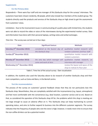 Supplements
-

For the Primary-data:

Respondents – There were four staff and one manager of this Starbucks shop for the surveys’ interviews. The
customers have been chosen randomly, 40 people, which also include four members of the student group. The
students directly used the products and services of the Starbucks shop on high street to get the assessments
from customers' views.
Limitations - Due to the inconvenient issues in communicating of a public place with limited time, the students
were not able to record the video or voice of the interviewees during the experimental market survey. Data
and information have done with their personal laptops, writing-notes and verbal exchanges.
Time-line - The survey was carried out in four days:
Date

Significant feature

Methods

Saturday (7th December 2013)

considered as the busiest day of qualitative market research with
this Starbuck shop
random customers and four staff
th
Sunday (8 December 2013)
quantitative market research with
random customers
th
Monday (9 December 2013)
the only day which manager will qualitative market research, an
come and work at here
interview with manager
th
Wednesday (11 December 2013)
review the layout and space of the
shop to redraw its floor plan
Table 5. Time-line of the actual survey - Own visualization
In addition, the students also used the Saturday above to do research of another Starbucks shop and their
main competitors, such as Costa and Nero, in the Bentall centre.
-

Test the recommendation:

The process of the survey on customers' general feedback shows that they do not particularly love this
Starbucks shop. Nevertheless, they are completely satisfied with the inconvenience (e.g. layout, atmosphere)
and feel more comfortable with the convenience (e.g. ideal location, customer service and so on). Based on
that, as considered the operation of this Starbucks shop till far, the problems which this shop is meeting are
not large enough to cause an adverse effect on it. This Starbucks shop can keep maintaining its current
operating status, and aims to further expand its business into the different customer segments. The survey
indicates that the frequency of people who visit the store is high; however, it needs more time to ensure that
the non-coffee drinkers can be a potential market.

8

 