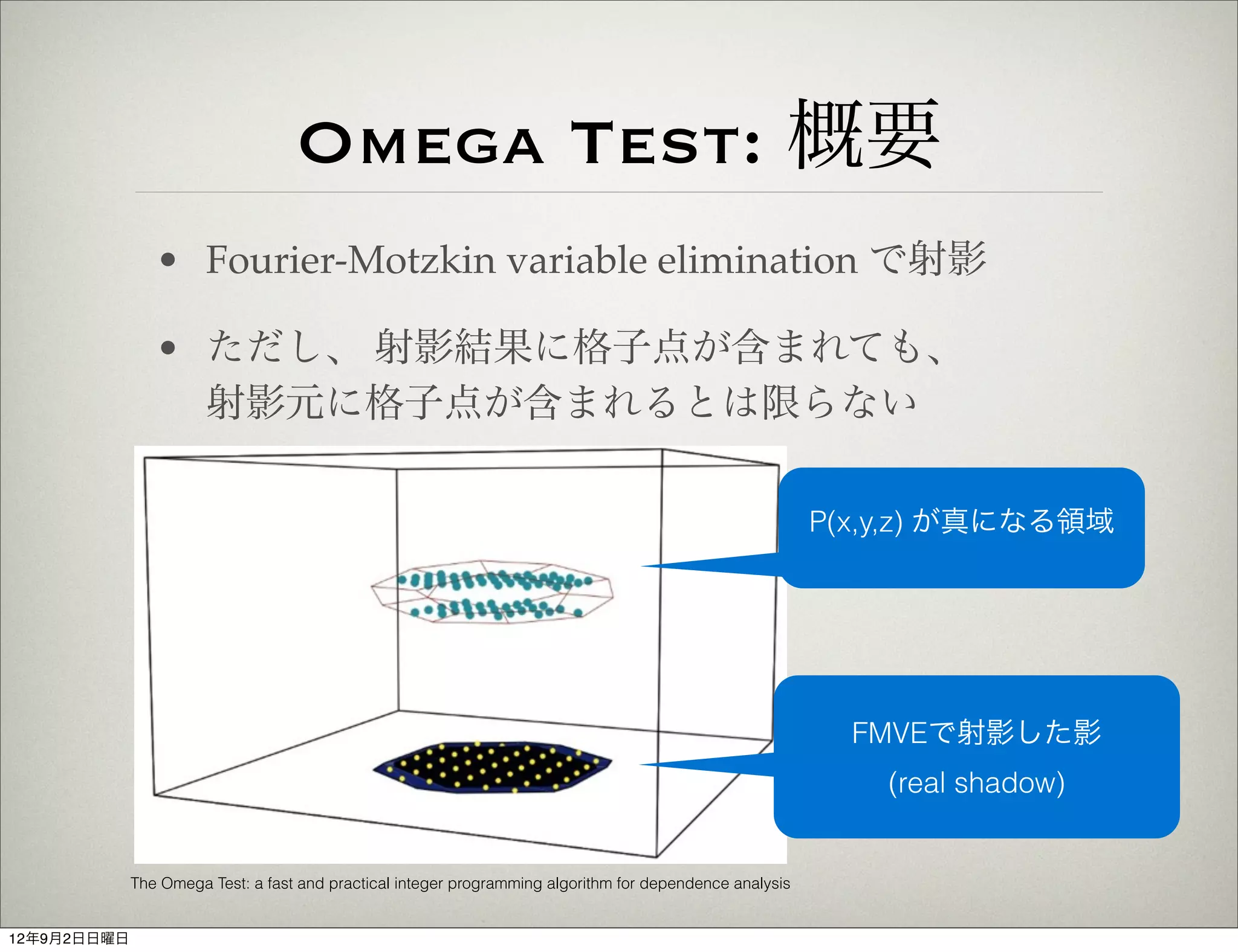 Omega Test: 概要
                • Fourier-Motzkin variable elimination で射影

                • ただし、 射影結果に格子点が含まれても、
                  射影元に格子点が含まれるとは限らない

                                                                                                          P(x,y,z) が真になる領域




                                                                                                            FMVEで射影した影
                                                                                                              (real shadow)


             The Omega Test: a fast and practical integer programming algorithm for dependence analysis


12年9月2日日曜日
 