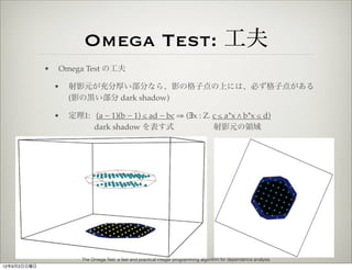 Omega Test: 工夫
             •   Omega Test の工夫

                 •   射影元が充分厚い部分なら、影の格子点の上には、必ず格子点がある
                     ...