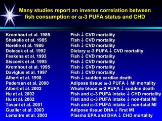 Many studies report an inverse correlation between
      fish consumption or ω-3 PUFA status and CHD


Kromhout et al. 1985    Fish ↓ CVD mortality
Shekelle et al. 1985    Fish ↓ CVD mortality
Norelle et al. 1986     Fish ↓ CVD mortality
Dolecek et al. 1992     Dietary ω -3 PUFA ↓ CVD mortality
Feskens et al. 1993     Fish ↓ CVD mortality
Siscovik et al. 1995    Fish ↓ CVD mortality
Kromhout et al. 1995    Fish ↓ CVD mortality
Daviglus et al. 1997    Fish ↓ CVD mortality
Albert et al. 1998      Fish ↓ sudden cardiac death
Pedersen et al. 2000    Adipose tissue ω -3 PUFA ↓ MI mortality
Albert et al. 2002      Whole blood ω -3 PUFA ↓ sudden death
Hu et al. 2002          Fish and ω -3 PUFA intake ↓ CHD mortality
Hu et al. 2002          Fish and ω -3 PUFA intake ↓ non-fatal MI
Tavani et al. 2001      Fish and ω -3 PUFA intake ↓ non-fatal MI
Gualler et al. 2003     Adipose tissue DHA ↓ first MI
Lemaitre et al. 2003    Plasma EPA and DHA ↓ CHD mortality
 
