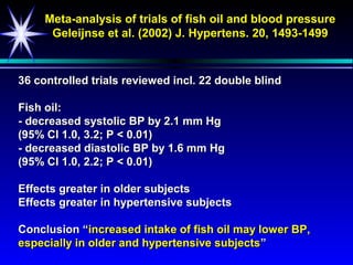 Meta-analysis of trials of fish oil and blood pressure
      Geleijnse et al. (2002) J. Hypertens. 20, 1493-1499



36 controlled trials reviewed incl. 22 double blind

Fish oil:
- decreased systolic BP by 2.1 mm Hg
(95% CI 1.0, 3.2; P < 0.01)
- decreased diastolic BP by 1.6 mm Hg
(95% CI 1.0, 2.2; P < 0.01)

Effects greater in older subjects
Effects greater in hypertensive subjects

Conclusion “increased intake of fish oil may lower BP,
especially in older and hypertensive subjects”
 