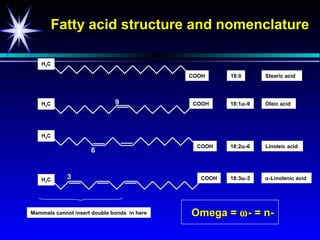Fatty acid structure and nomenclature

   H3C

                                             COOH     18:0      Stearic acid




   H3C                        9              COOH     18:1ω-9   Oleic acid




   H3C
                                              COOH    18:2ω-6   Linoleic acid
                     6



   H3C       3                                 COOH   18:3ω-3   α-Linolenic acid




Mammals cannot insert double bonds in here   Omega = ω - = n-
 