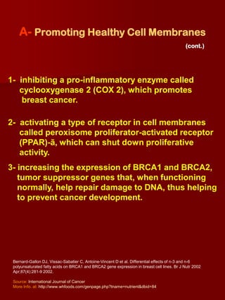 A- Promoting Healthy Cell Membranes
                                                                                            (cont.)




1- inhibiting a pro-inflammatory enzyme called
   cyclooxygenase 2 (COX 2), which promotes
    breast cancer.

2- activating a type of receptor in cell membranes
   called peroxisome proliferator-activated receptor
   (PPAR)-ã, which can shut down proliferative
   activity.
3- increasing the expression of BRCA1 and BRCA2,
   tumor suppressor genes that, when functioning
   normally, help repair damage to DNA, thus helping
   to prevent cancer development.




 Bernard-Gallon DJ, Vissac-Sabatier C, Antoine-Vincent D et al. Differential effects of n-3 and n-6
 polyunsaturated fatty acids on BRCA1 and BRCA2 gene expression in breast cell lines. Br J Nutr 2002
 Apr;87(4):281-9 2002.

 Source: International Journal of Cancer
 More Info. at: http://www.whfoods.com/genpage.php?tname=nutrient&dbid=84
 