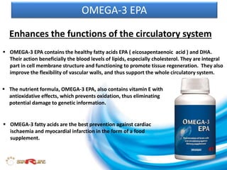 OMEGA-3 EPA
Enhances the functions of the circulatory system
 OMEGA-3 EPA contains the healthy fatty acids EPA ( eicosapentaenoic acid ) and DHA.
Their action beneficially the blood levels of lipids, especially cholesterol. They are integral
part in cell membrane structure and functioning to promote tissue regeneration. They also
improve the flexibility of vascular walls, and thus support the whole circulatory system.
 The nutrient formula, OMEGA-3 EPA, also contains vitamin E with
antioxidative effects, which prevents oxidation, thus eliminating
potential damage to genetic information.
 OMEGA-3 fatty acids are the best prevention against cardiac
ischaemia and myocardial infarction in the form of a food
supplement.
 