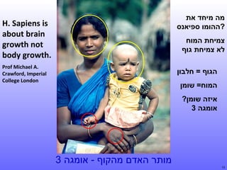 ‫מה מיחד את‬
‫?ההומו ספיאנס‬

‫‪H. Sapiens is‬‬
‫‪about brain‬‬
‫‪growth not‬‬
‫.‪body growth‬‬

‫צמיחת המוח‬
‫לא צמיחת גוף‬

‫.‪Prof Michael A‬‬
‫‪Crawford, Imperial‬‬
‫‪College London‬‬

‫הגוף = חלבון‬
‫המוח= שומן‬
‫איזה שומן?‬
‫אומגה 3‬

‫מותר האדם מהקוף - אומגה 3‬
‫31‬

 