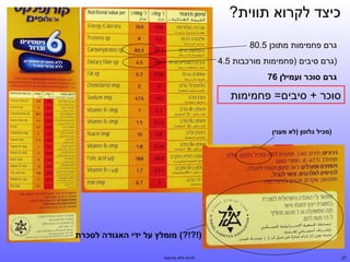 ‫כיצד לקרוא תווית?‬
‫גרם פחמימות מתוכן 5.08‬
‫)גרם סיבים )פחמימות מורכבות 5.4‬
‫גרם סוכר ועמילן 67‬

‫סוכר + סיבים= פחמימות‬
‫)מכיל גלוטן )לא מענין‬

‫)!?!?( מומלץ על ידי האגודה לסכרת‬
‫72‬

‫לחיות ללא תרופות‬

 